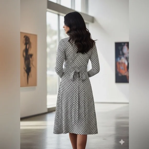 BIGIO COLLECTION Geometric Diamond Print Wrap Dress - Black & White - Size 10 - Picture 2 of 6